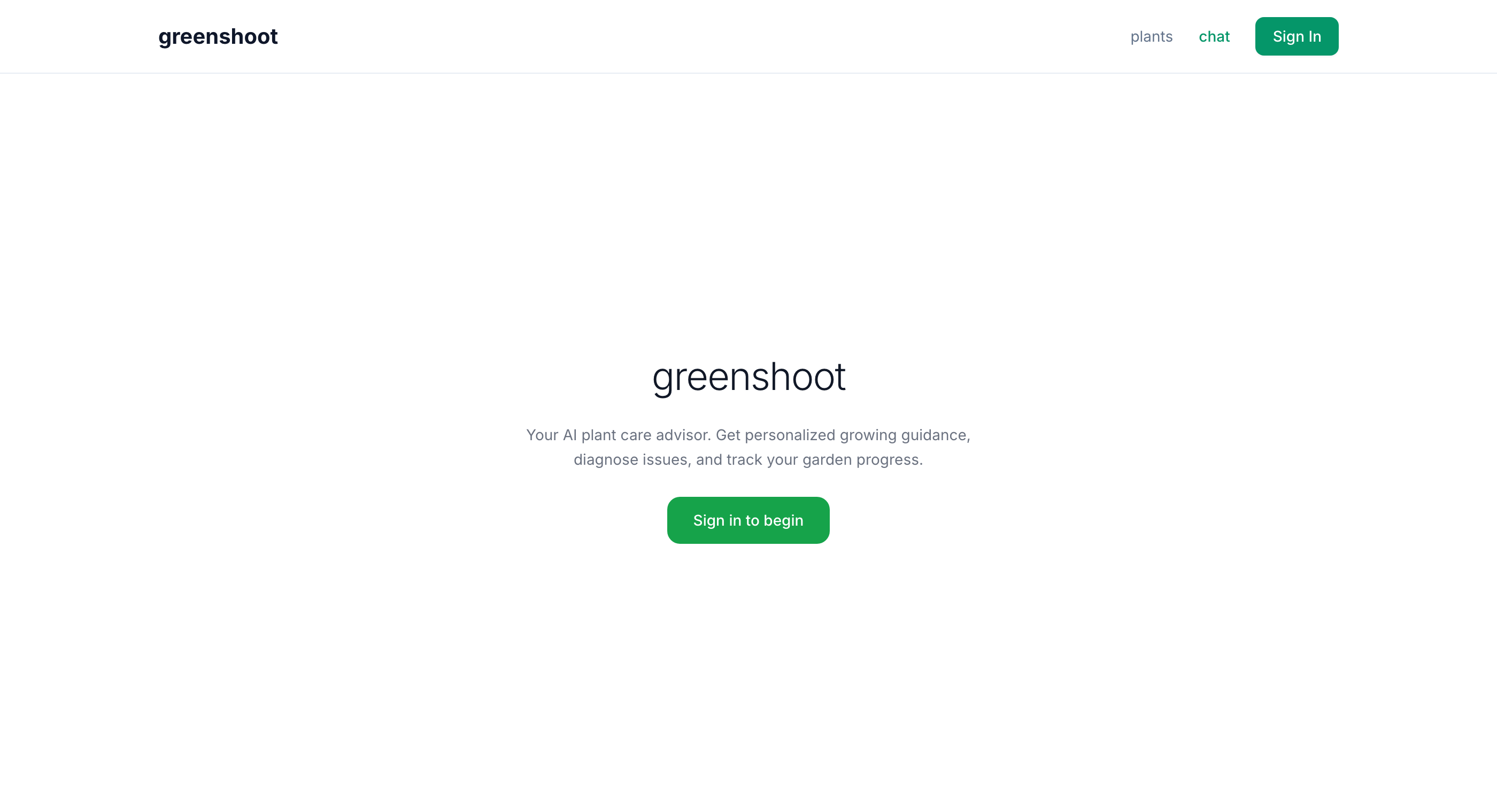 The greenshoot coach's welcome screen: an AI plant care advisor for personalized growing guidance, diagnosing issues, and tracking garden progress.